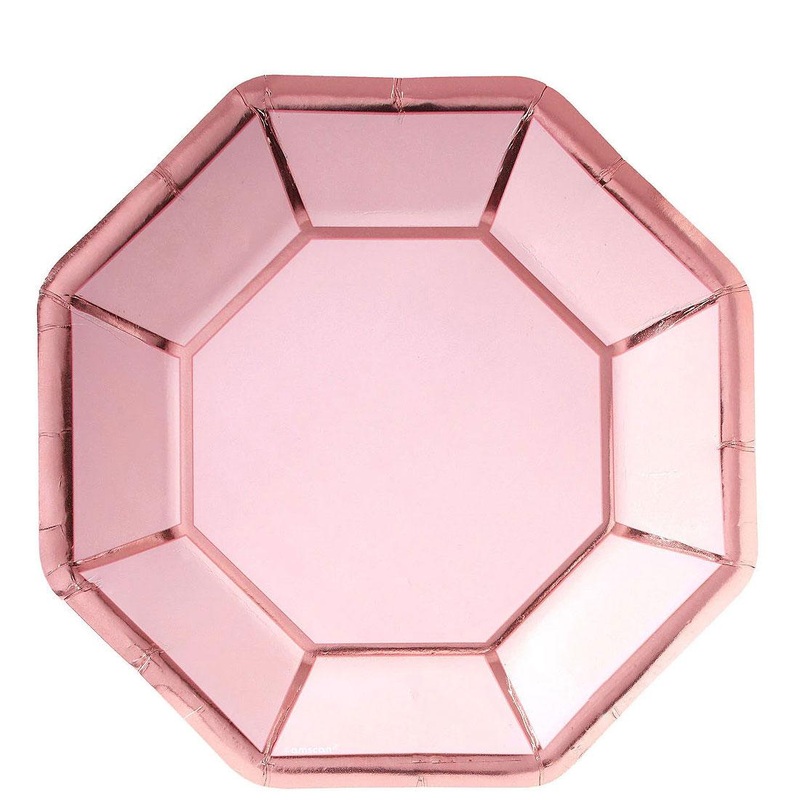 Blush Wedding Octagon Metallic Paper Plates 10in, 8pcs