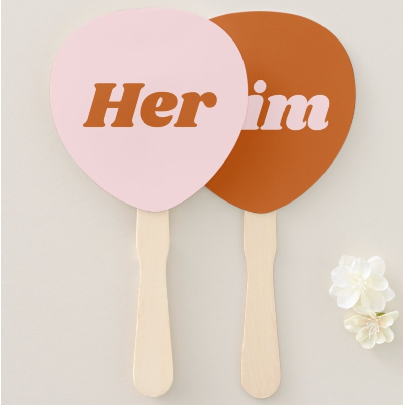 Her or Him Pink Orange Disco Wedding Game Hand Fan - 6 Pcs/Set