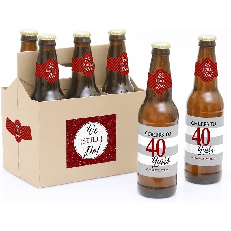 We Still Do - 40th Wedding Anniversary Decorations for Women and Men - 6 Beer Bottle Label Stickers and 1 Carrier