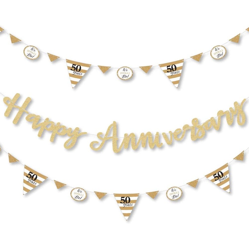 We Still Do - 50th Wedding Anniversary - Anniversary Party Letter Banner Decoration - 36 Banner Cutouts and No-Mess Real Gold Glitter Happy Anniversary Banner Letters