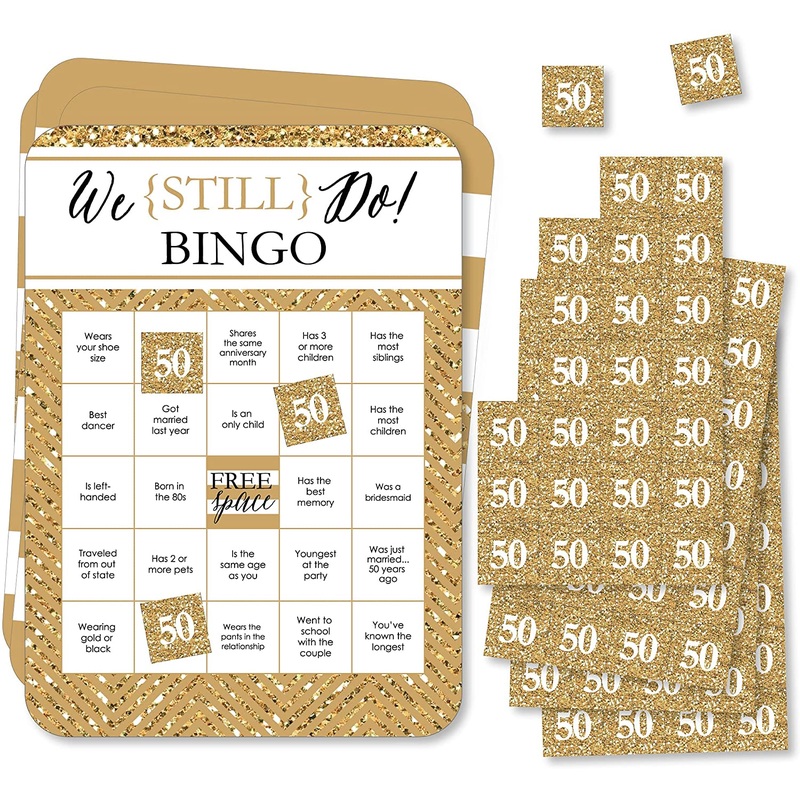 We Still Do - 50th Wedding Anniversary -  Find the Guest Bingo Cards and Markers - Anniversary Party Bingo Game - Set of 18