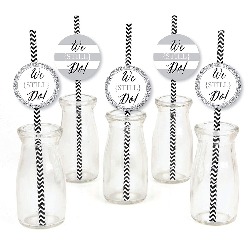 We Still Do Paper Straw Decor - Wedding Anniversary Party Striped Decorative Straws - Set of 24
