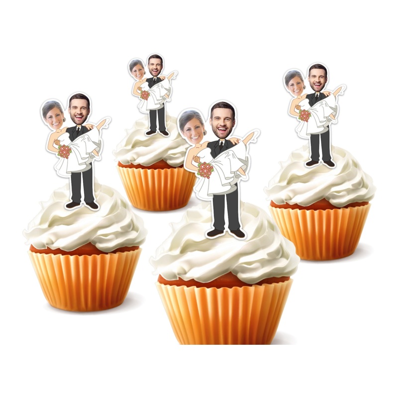 Wedding Party - Cupcake Decoration - Custom Photo Bride and Groom and Treat Picks Kit - Set of 18