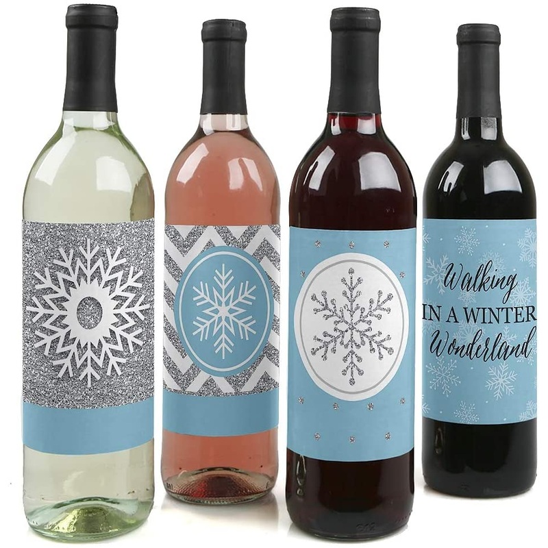 Winter Wonderland - Snowflake Holiday Party and Winter Wedding Decorations for Women and Men - Wine Bottle Label Stickers - Set of 4