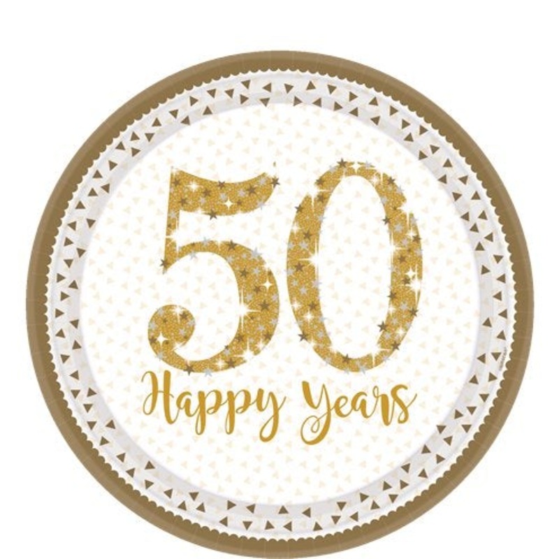 50th Gold Sparkling Wedding Anniversary Paper Plates - 23cm