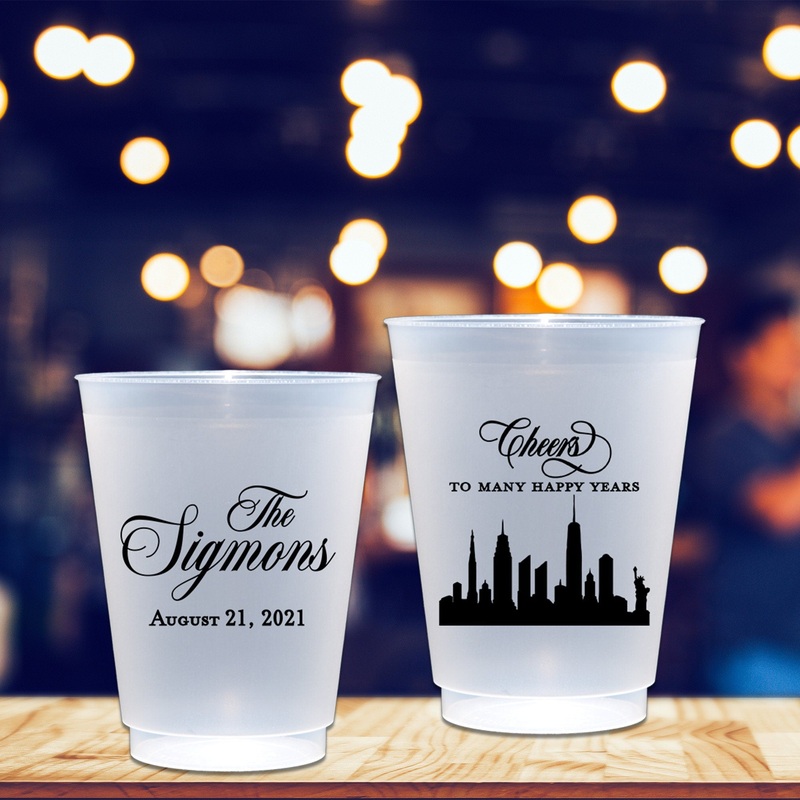 Cheers to Many Happy Years New York City Skyline Wedding Design Frosted Shatterproof Personalized Wedding Plastic Cups