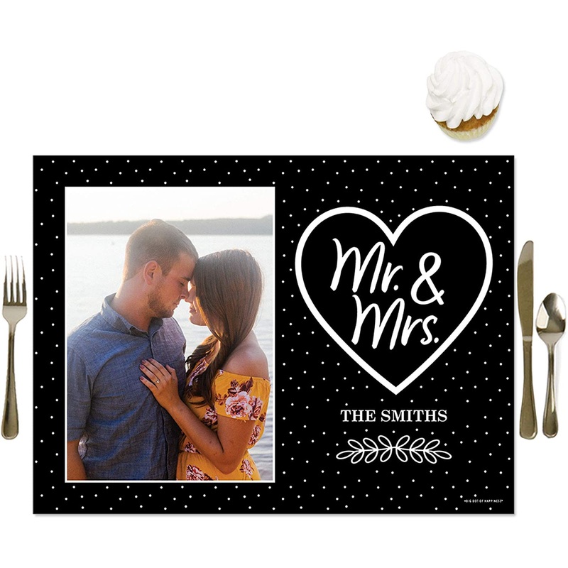 Personalized Mr. and Mrs. - Custom Black and White Wedding or Bridal Shower Party Table Decorations - Photo Placemats - Set of 16