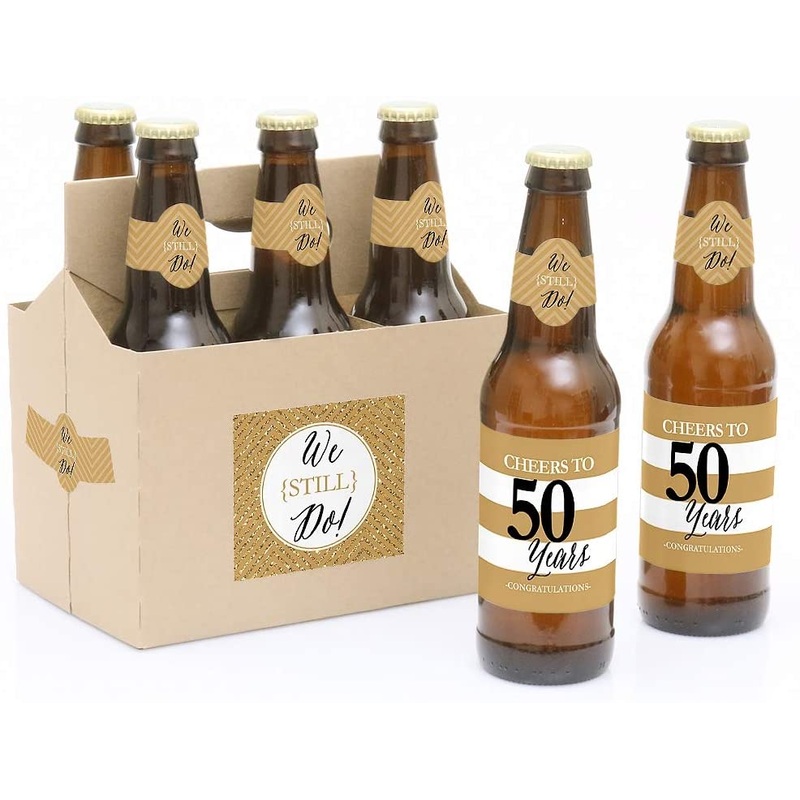 We Still Do - 50th Wedding Anniversary Decorations for Women and Men - 6 Beer Bottle Label Stickers and 1 Carrier