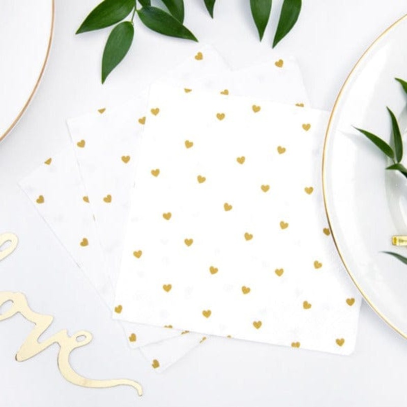 White and Gold Heart Wedding Napkins x 20