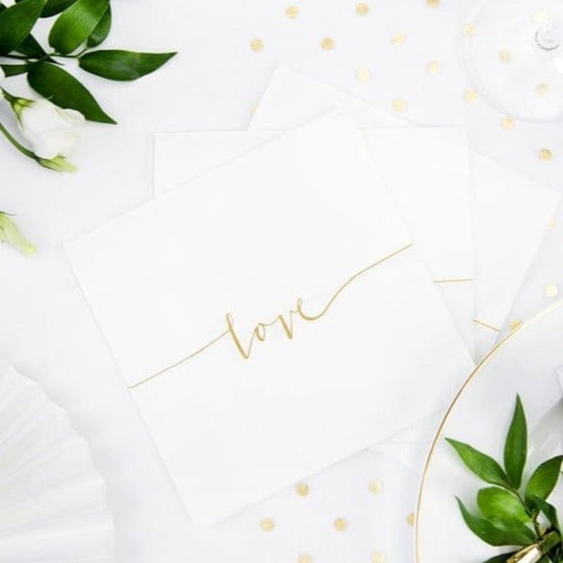 White and Gold Love Wedding Napkins x 20
