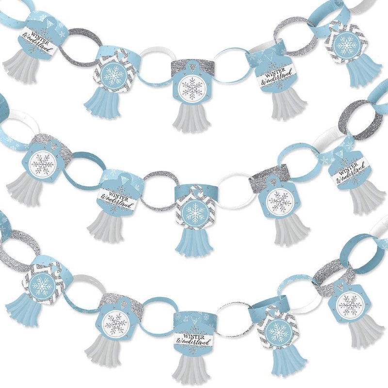 Winter Wonderland - 90 Chain Links and 30 Paper Tassels Decoration Kit - Snowflake Holiday Party and Winter Wedding Paper Chains Garland - 21 feet