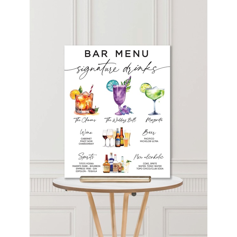 Classic Water Color Wedding Bar Sign with Signature Drinks