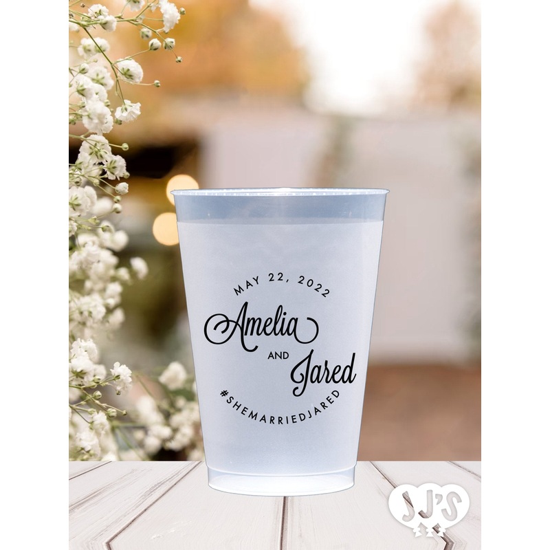 Modern Fun Script Circle Custom Frosted Wedding Cups