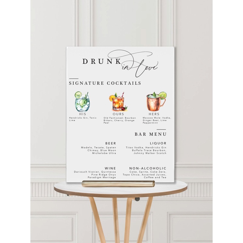 Wedding Bar Sign: Drunk in Love Water Color Wedding Bar Sign