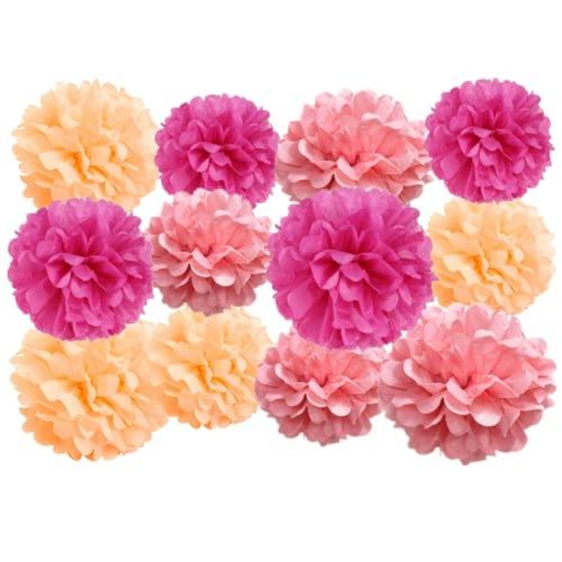 12 Pcs Paper Pom Poms Kit, Tissue Paper Flowers for Birthday, Wedding, Bachelorette, Baby Shower, Girl Nursery Decoration (Pink Mix)