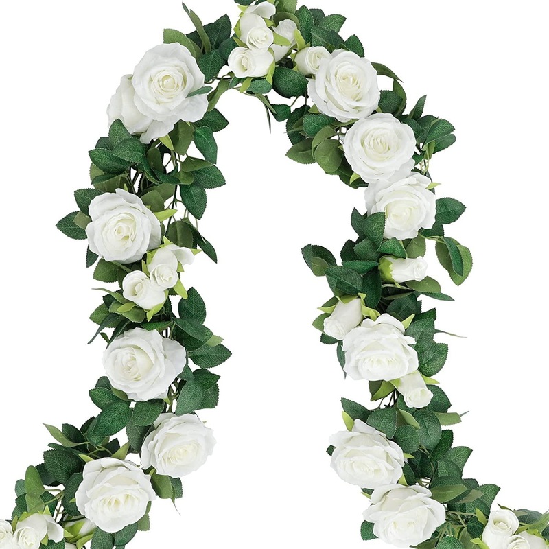 4pcs White Rose Garland, Artificial Flower Vines Fake Silk White Rose Garland Outdoor Wedding Decorations