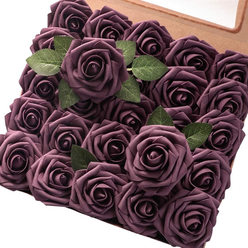 Artificial Flowers Plum Foam Fake Roses with Stems for DIY Wedding Bouquets Bridal Shower Centerpieces