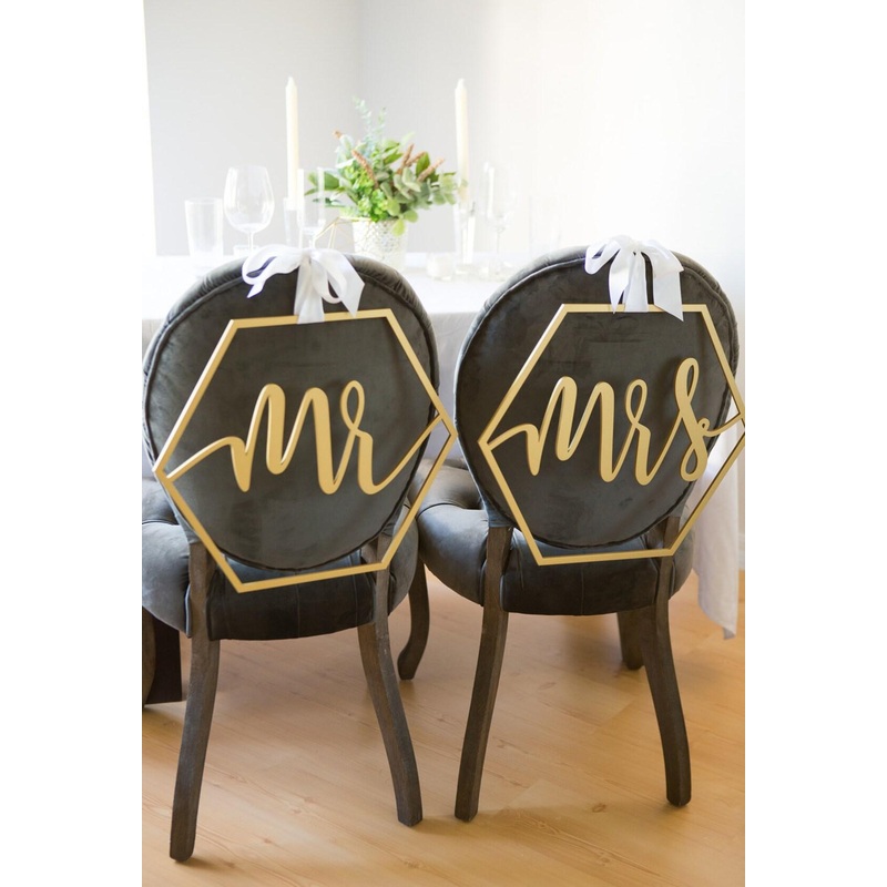 Hexagon Wedding Chair Signs Bride and Groom Wedding Chairs, Hexagon Mr & Mrs Wooden Hanging Signs Set