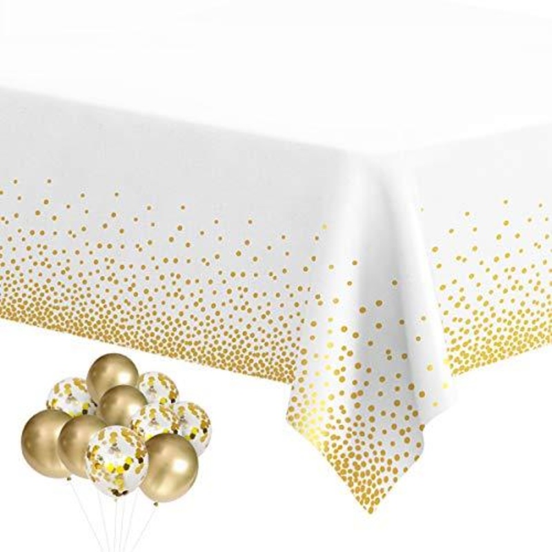 Plastic Tablecloths for Rectangle Tables, 6 Pack Disposable Party Table Cloths, Gold Dot Confetti Table Covers with 30 Balloons for Birthday Parties Wedding Anniversary Baby Shower, 54" x 108"