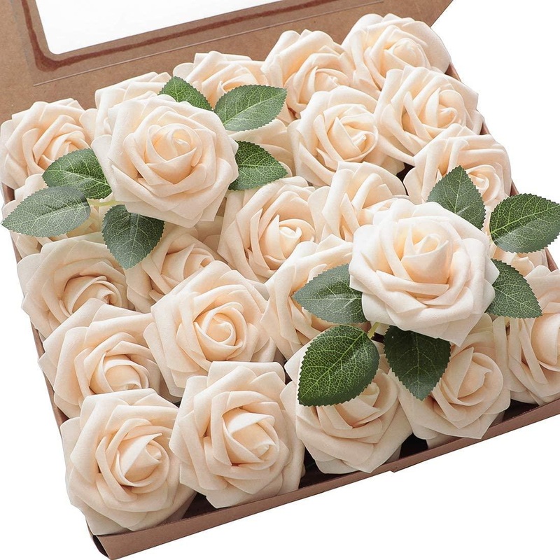 Real Looking Cream Foam Fake Roses with Stems for DIY Wedding Bouquets Bridal Shower Centerpieces Decor