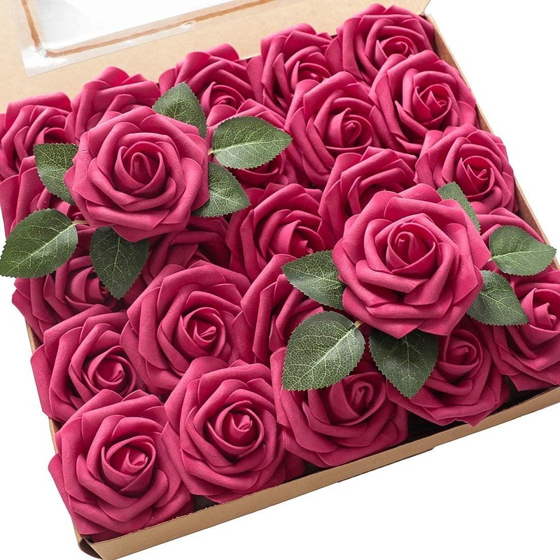 Real Looking Fuchsia Foam Fake Roses with Stems for DIY Wedding Bouquets Bridal Shower Centerpieces