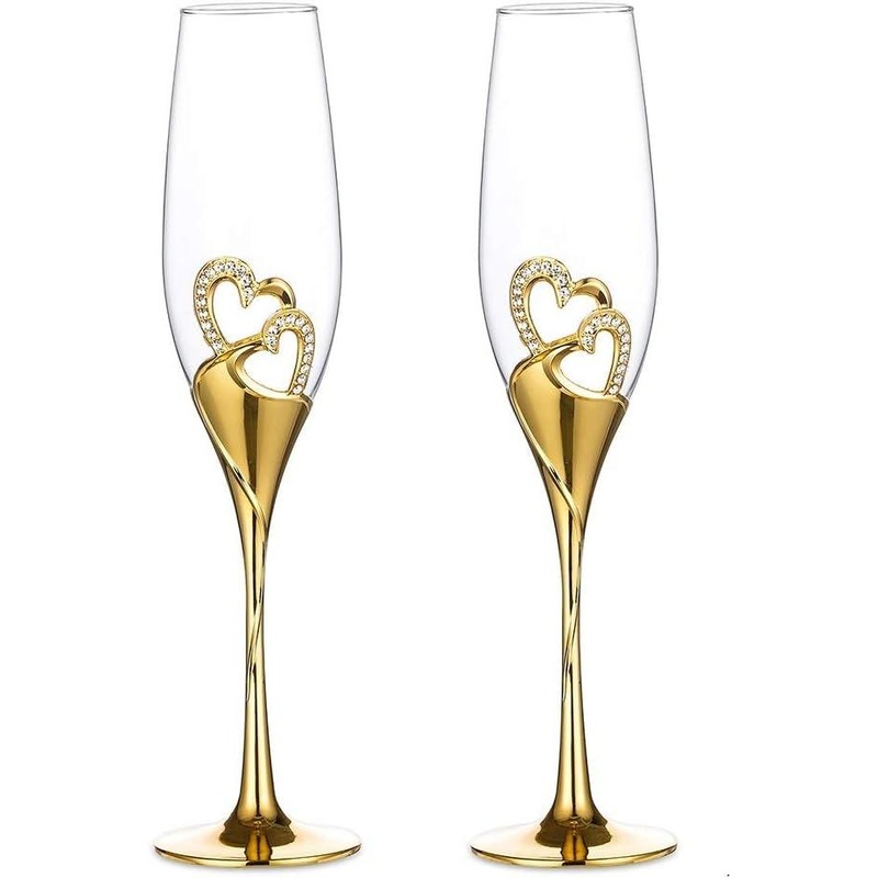 Wedding Champagne Glass Set Gold Toasting Flute Glasses Deluxe Pack of 2 with Rhinestone Rimmed Hearts
