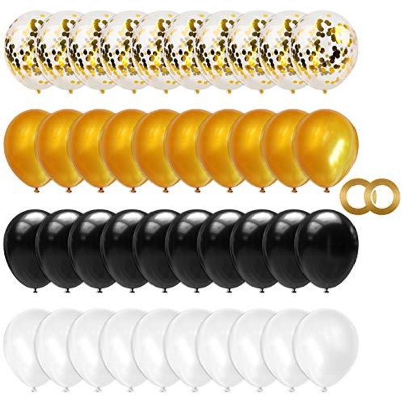 100pcs 12 Inches Latex Black Gold White and Confetti Balloons with Ribbons for Graduation Wedding Birthday Baby Shower Halloween Decorations