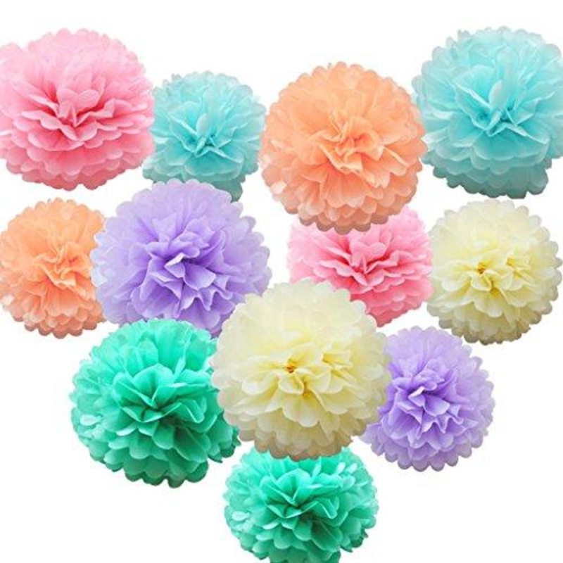12 pcs Assorted Rainbow Colors Tissue Paper Pom Poms Flower Balls for Birthday Wedding Party Baby Shower Decorations