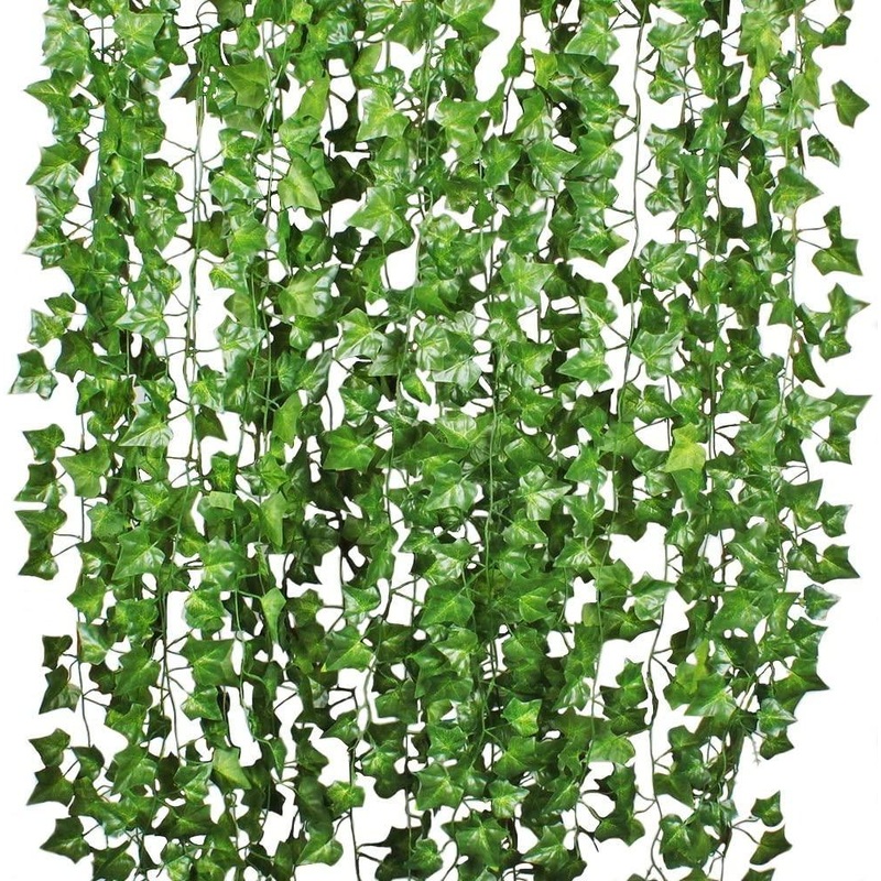 12 Strands Artificial Ivy Leaf Plants Vine Hanging Garland Fake Foliage Flowers Home Kitchen Garden Office Wedding Wall Decor, 84 Feet, Green