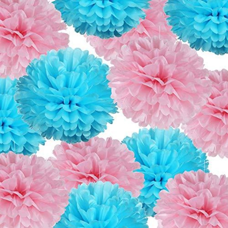 14" Pink and Blue Tissue Pom Poms Kit DIY Decorative Paper Flowers for Baby Shower Boy or Girl Gender Reveal Party Wedding Backdrop Pack of 10