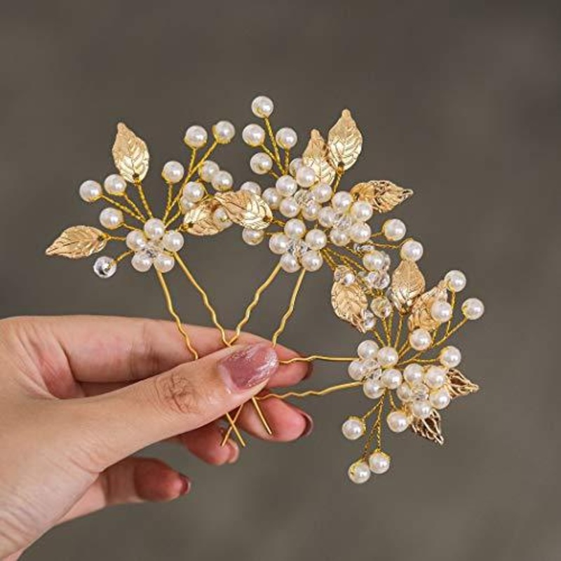 3PCS Gold Pearl Bride Wedding Hair Pins Leaf Bridal Head Piece Flower Hair Accessories for Women