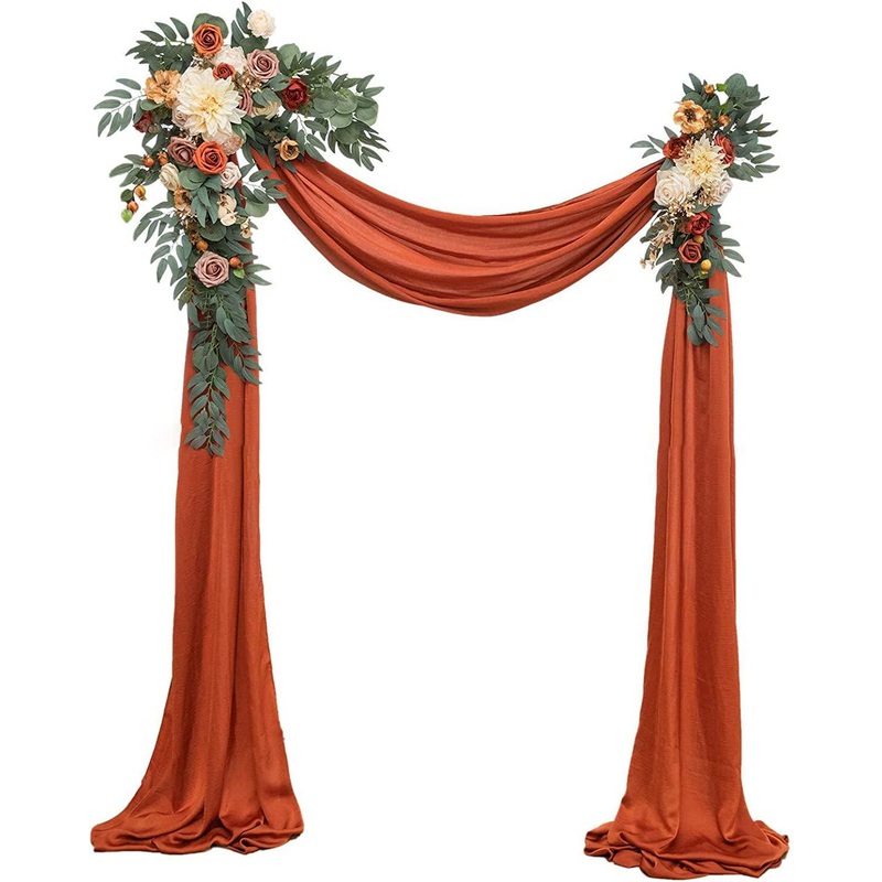 3pcs Wedding Arch Flowers Kit Artificial Wedding Flowers Garland with Sheer Fabric Drape