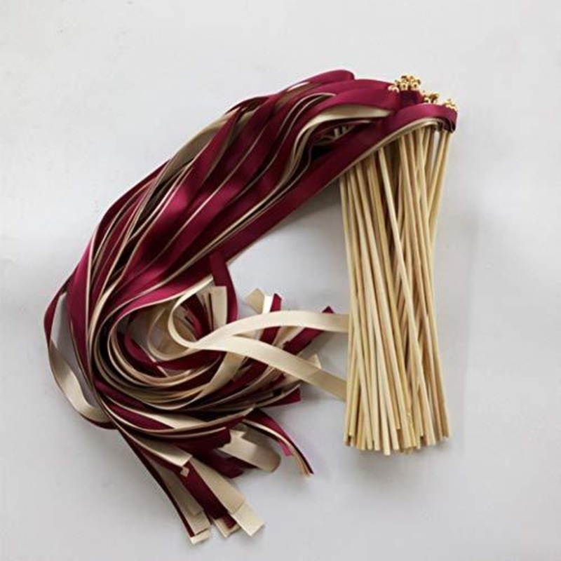 50 Pcs Wine Cream Wedding Ribbon Wands Fairy Sticks with Gold Bell for Wedding Favor Party Decoration