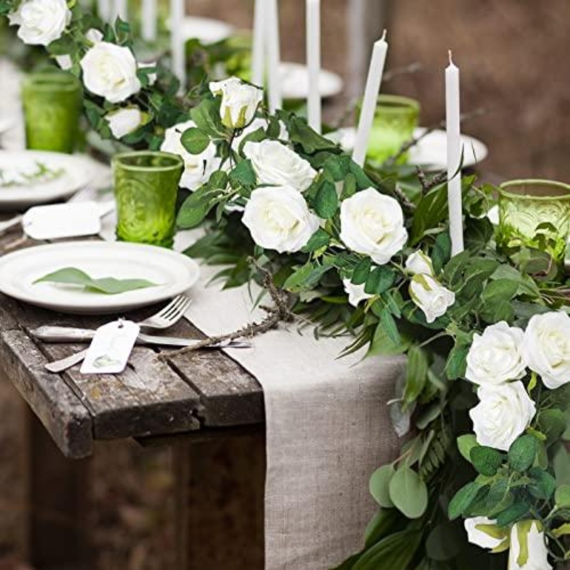 AGEOMET 3pcs 19.5ft White Rose Garland for Wedding Decorations, Fake Flower Vines Artificial Floral Garland for Engagement Ceremony Reception Decor