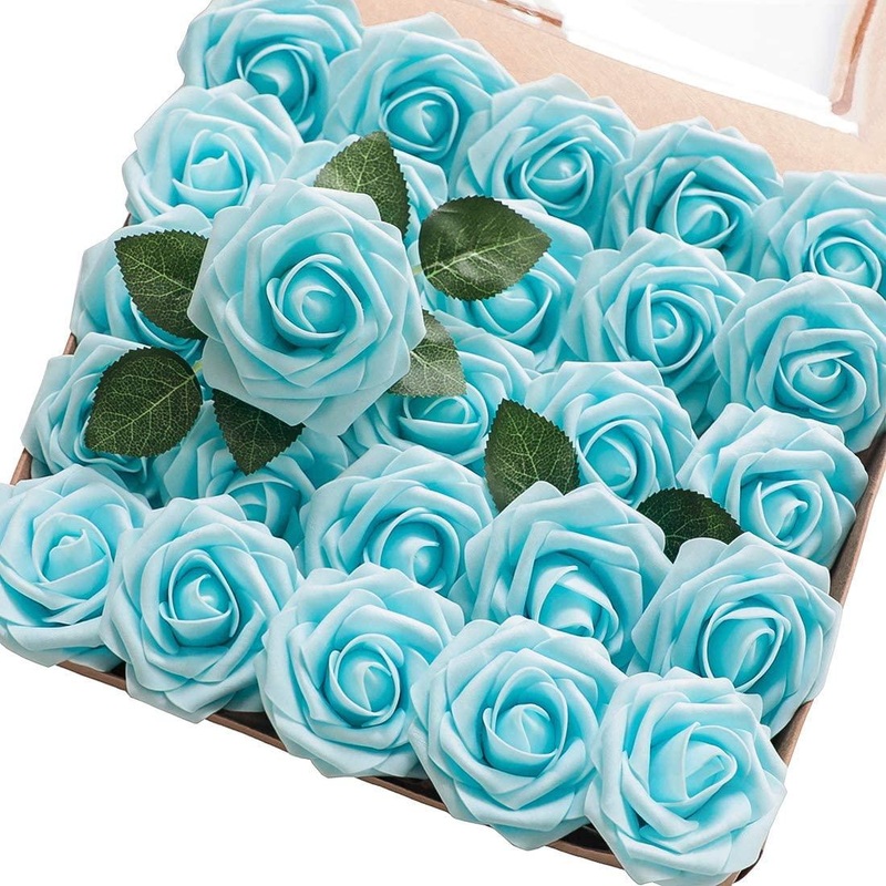 Artificial Flowers Real Looking Aqua Blue Foam Fake Roses with Stems for DIY Wedding Bouquets