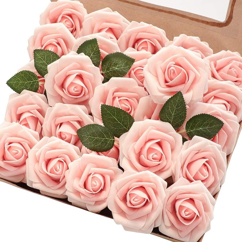 Artificial Flowers Real Looking Blush Heirloom Foam Fake Roses with Stems for DIY Wedding Bouquets Pink Bridal Shower Centerpieces