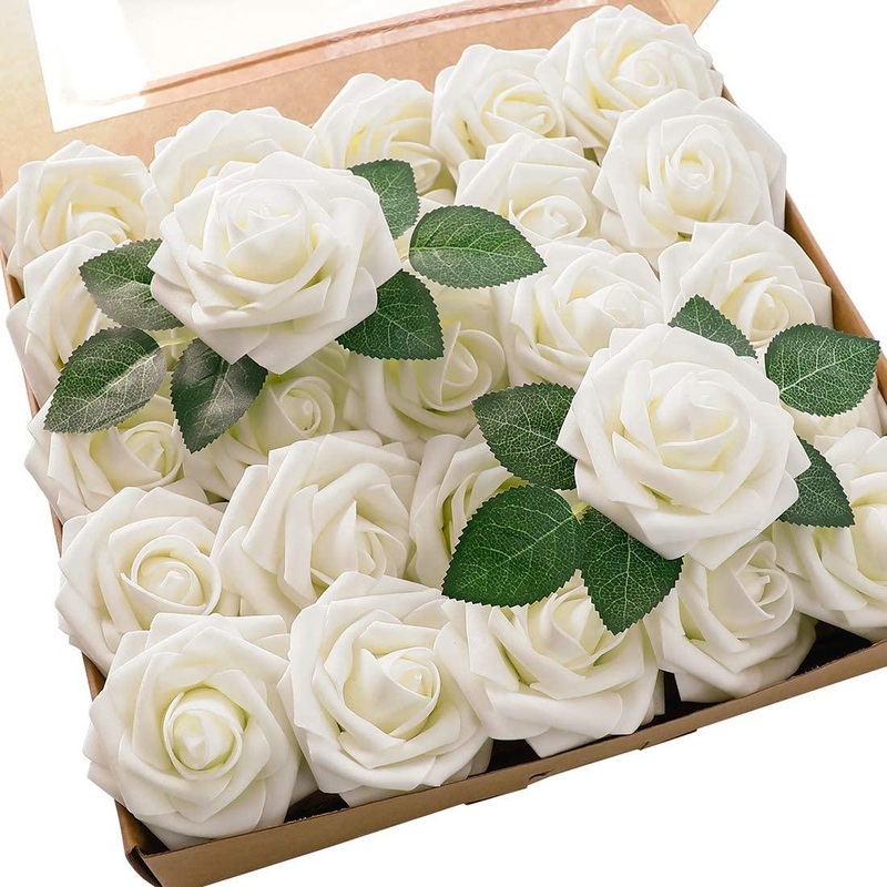Artificial Flowers Real Looking Ivory Foam Fake Roses with Stems for DIY Wedding Bouquets White Baby Shower Centerpieces