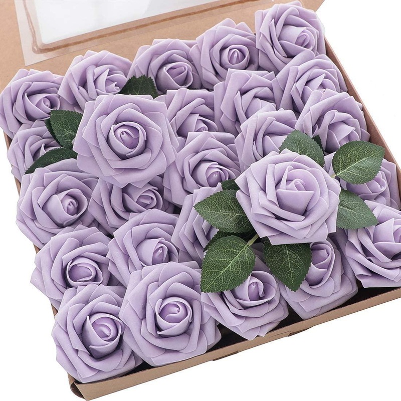Artificial Flowers Real Looking Lilac Foam Fake Roses with Stems for DIY Wedding Bouquets Bridal Shower Centerpieces
