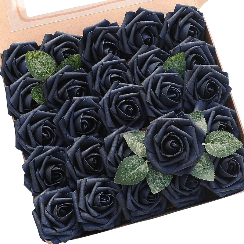 Artificial Flowers Real Looking Navy Blue Foam Fake Roses with Stems for DIY Wedding Bouquets Bridal Shower Centerpieces