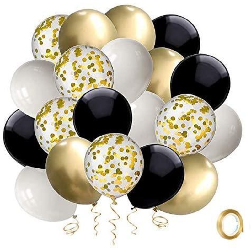 Black and Gold Confetti Balloons, 50 Pack 12inch White Latex Party Balloon Set with Gold Ribbon for Graduation Wedding Birthday