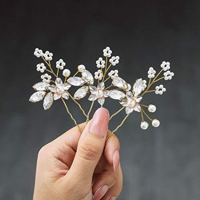 Crystal Bride Wedding Hair Pins Flower Bridal Head Piece Pearl Hair Accessories for Women and Girls (Pack of 3)