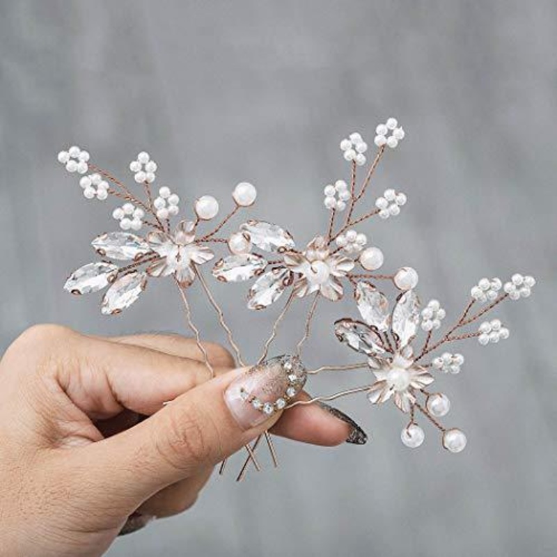 Crystal Bride Wedding Hair Pins Flower Bridal Head Piece Pearl Hair Accessories for Women and Girls (Pack of 3) (B Rose Gold)