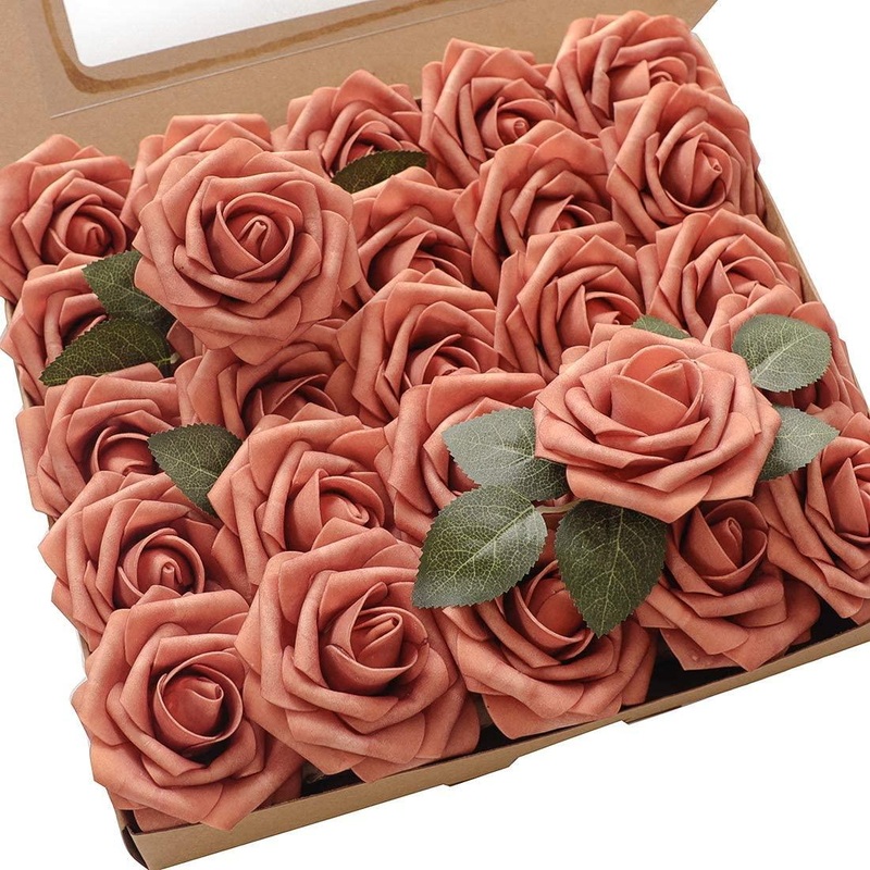 Dusty Cedar Foam Fake Roses with Stems for DIY Wedding Bouquets Bridal Shower Centerpieces Artificial Flowers