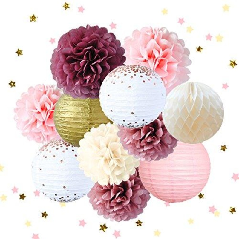 Dusty Rose Blush Pink Tissue Pom Poms Rose Gold Foil Dots Paper Lanterns Gold Glitter Party Confetti 50G for Wedding Bridal Shower Baby Shower Birthday