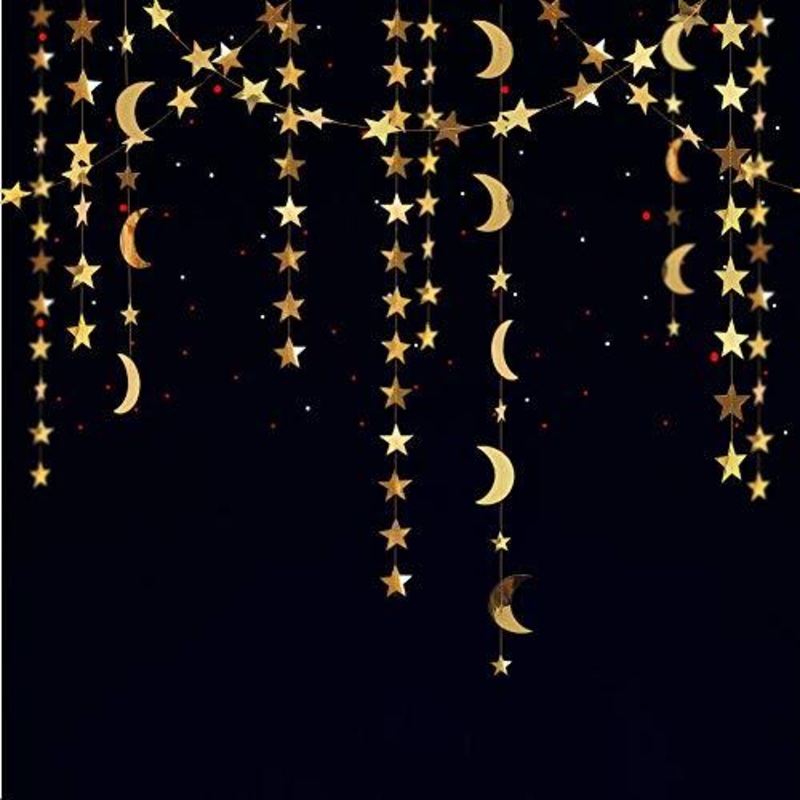 Gold Star Moon Garland Hanging Garands Streamers Banner Backdrop for Twinkle Little Star Party Decoration First Birthday/Baby Shower/Wedding