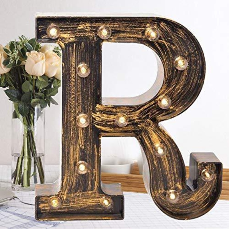 Golden Black Led Marquee Letter - Industrial, Vintage Style Light Up Alphabet Letter Sign for Cafe Wedding Birthday Party Christmas Lamp Home Bar Initials Decor
