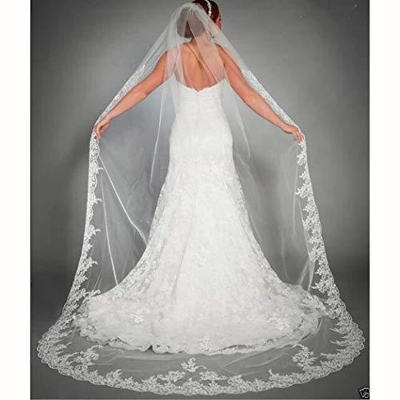 Gorgeous Wedding Lace Veil Floral Long Cathedral Veils for Brides Soft Tulle Bridal Veils with Comb 118" (Ivory)