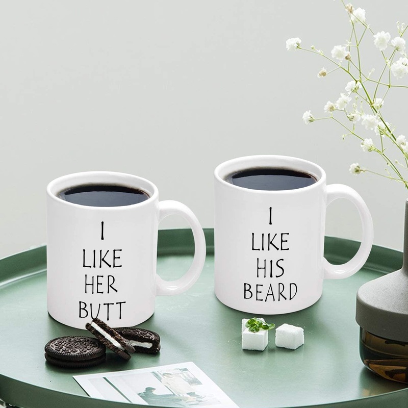 I Like His Beard, I Like Her Butt Couples Funny Coffee Mug Set 11oz - Unique Wedding Gift For Bride and Groom - His and Hers Anniversary Present Husband and Wife