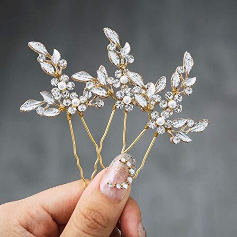 Leaf Bride Wedding Hair Pins Crystal Bridal Head Dress Pearl Hair Accessories for Women and Girls (Pack of 3) (C Gold)