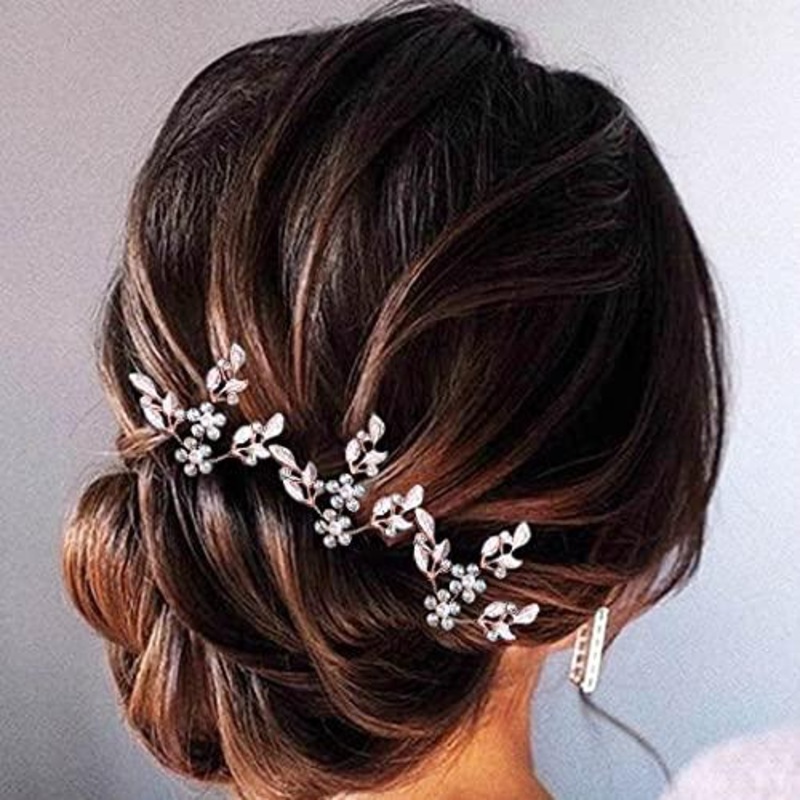 Leaf Bride Wedding Hair Pins Crystal Bridal Head Dress Pearl Hair Accessories for Women and Girls (Pack of 3) (Rose Gold)